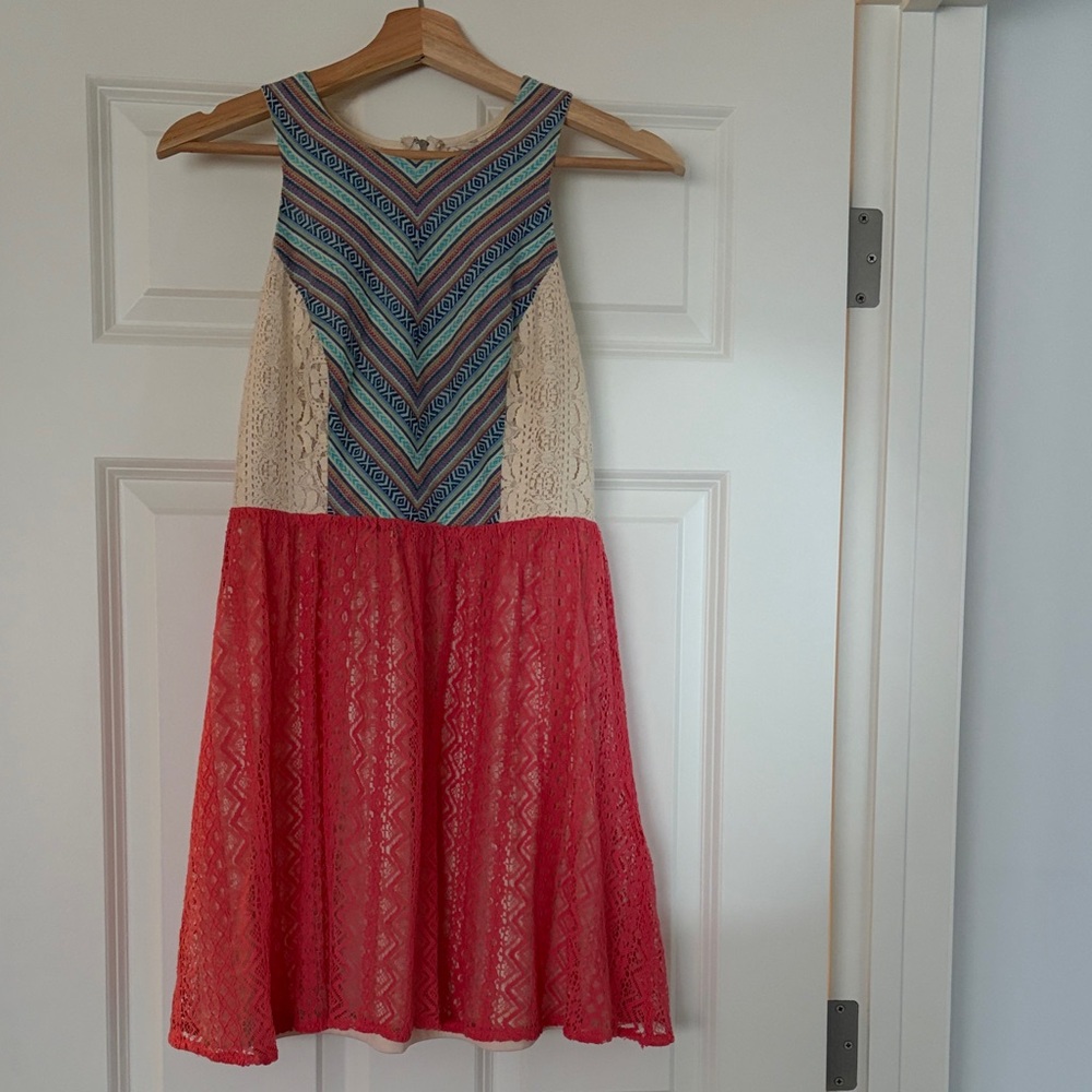 Flying Tomato Blue Chevron and Coral Lace Midi Dress